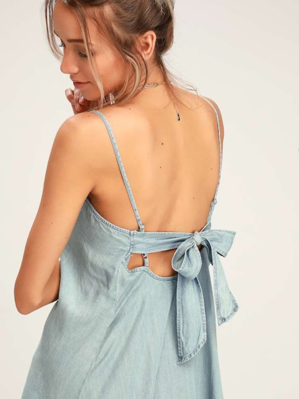 Lulus Light Wash Lyocell Midi Dress M Button Front Tie Back Chambray Blue - Picture 3 of 9
